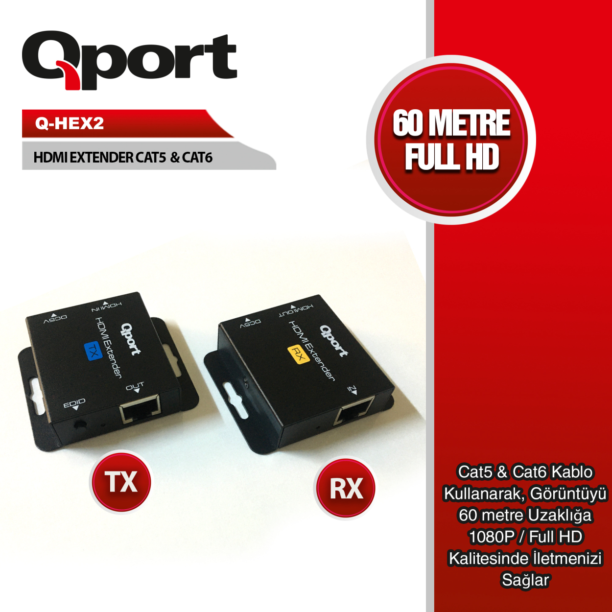 554U7ThRMQTCG1WvBIyhstRVrIofyIhZ69CimBo9 QPORT HDMI EXTENDER CAT6 60M 2 Lİ PAKET (ADAPTÖR DAHİL) (Q-HEX2) - Görsel 1