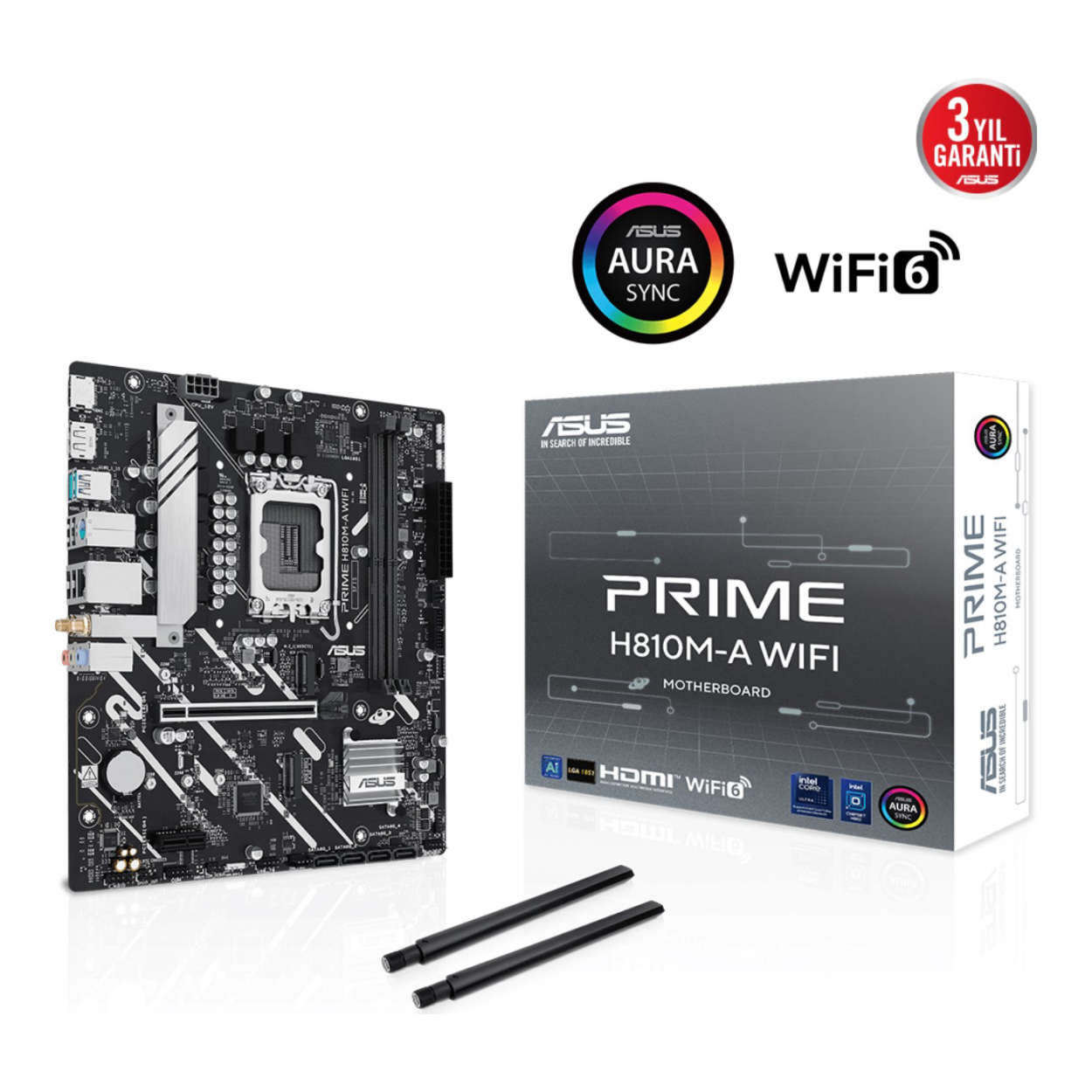 YR32mSdljondUbQkXmeqsGlw7IVbZWCXWSQeON1M ASUS PRIME H810M-A WIFI LGA1851 DDR5 6400 Çift M2 USB3.2 WiFi+BT AURA RGB mATX - Görsel 1