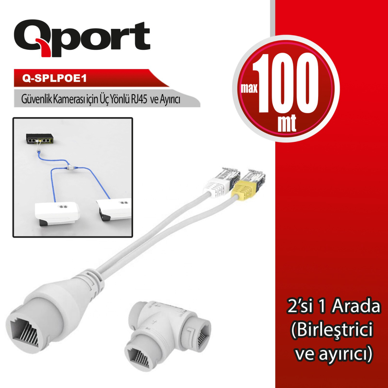 cJ7e3Nz8lyKlVKjnfoOyXFIXJ1VK3wNk8c9YJgA5 Q-PORT POE SPLITTER 2 in 1 Ağ Konnektörü + 3 Yollu RJ45 Konnektörü (Q-SPLPOE1) - Görsel 1
