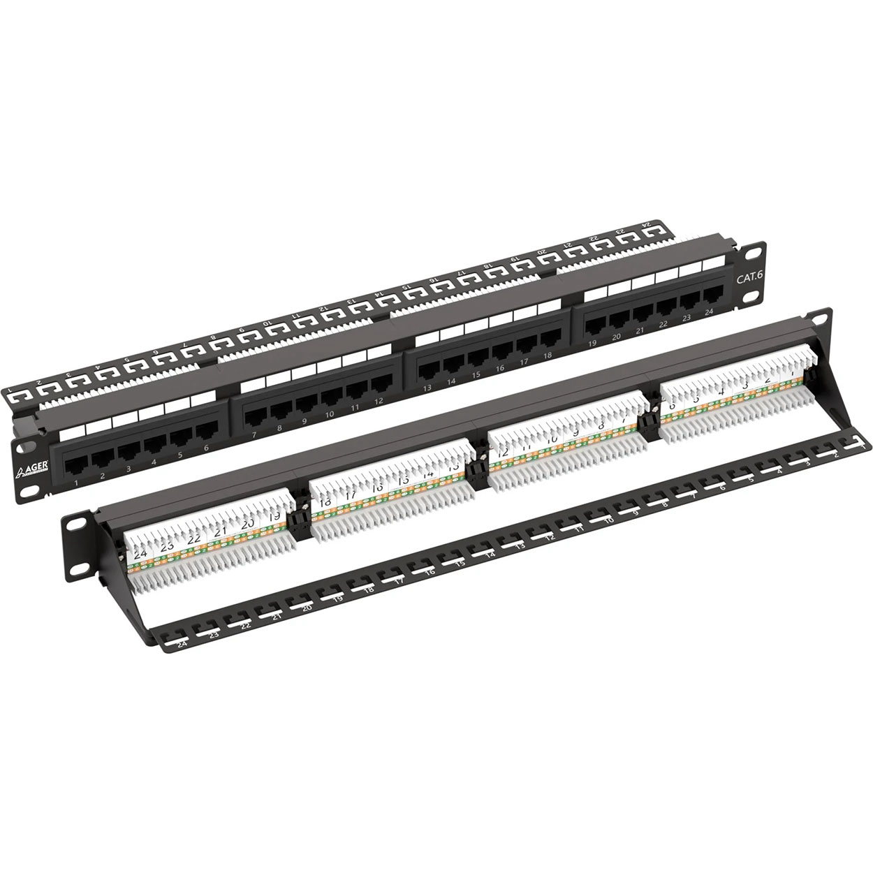 3vON1r38pKrhPZM615J3yuJxKb6yWghKk6Whl7O3 AGER CAT 6 Patch Panel, Dolu, 24-port RJ45 24-port RJ45, 8P8C, LSA - Görsel 1