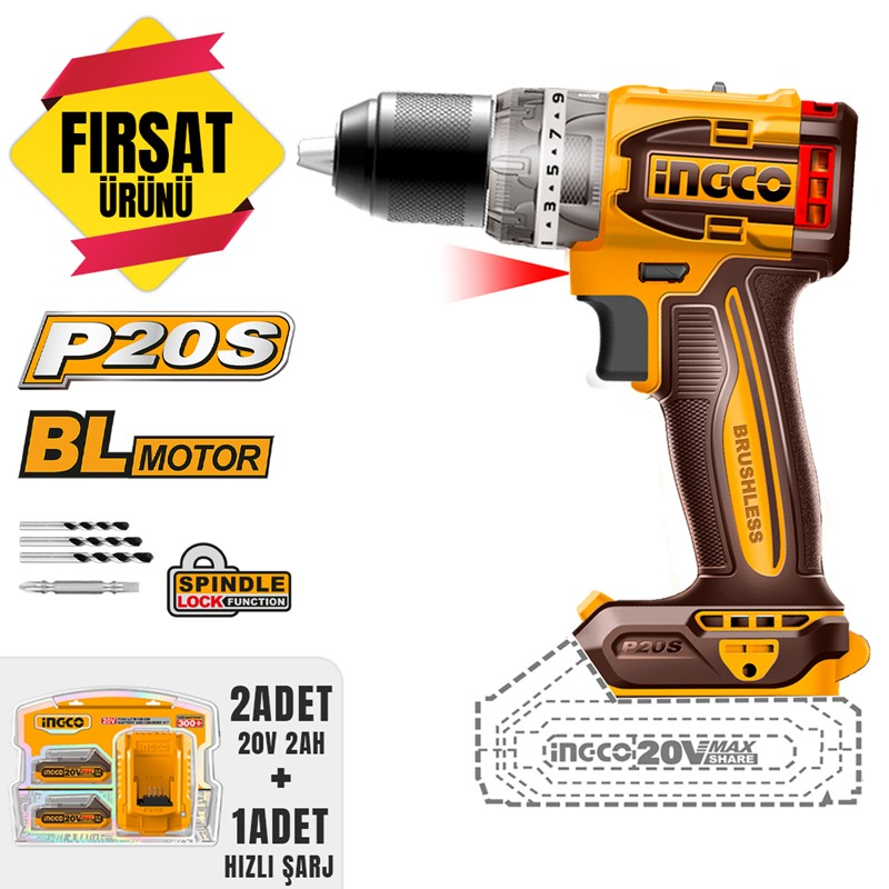 970 Kömürsüz Li-İon Akülü Matkap 10 Mm 20V 2.0Ah + Li-İon Akü Ve Şarj Cihazı Seti 20V 2.0Ah(ıng-Fbcpk2212e) - Görsel 1