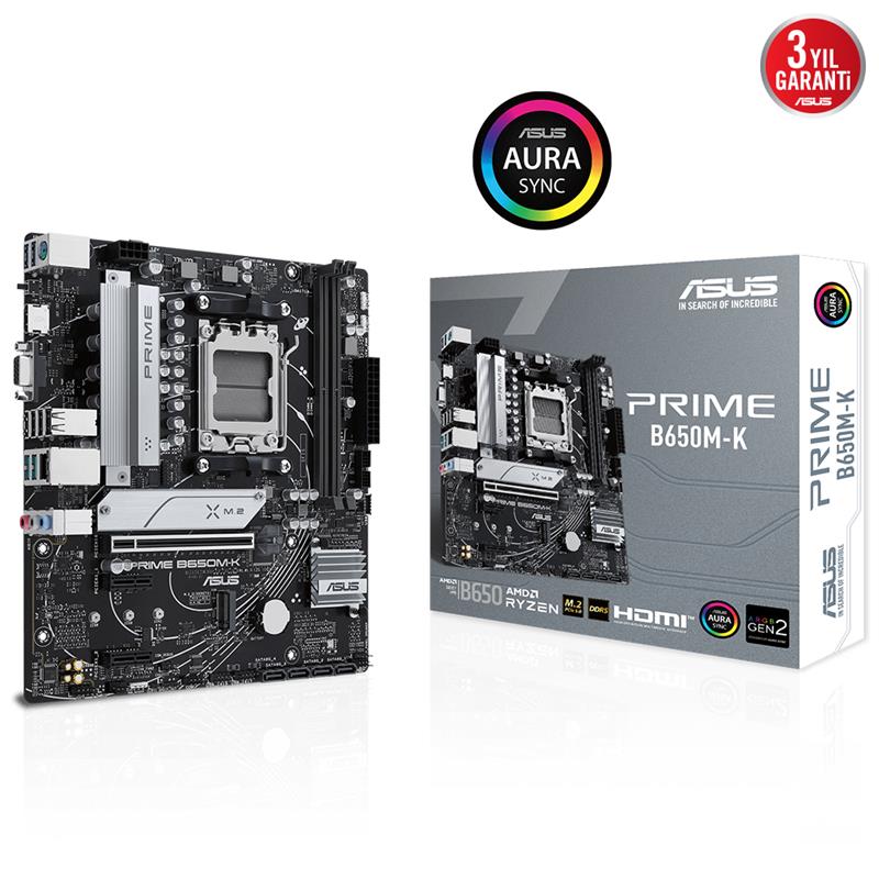 AA190ASU0022_59066 ASUS PRIME B650M-K DDR5 6400MHZ 1XVGA 1XHDMI 2XM.2 USB 3.2 MATX AM5 (AMD AM5 9000/8000/7000 SERİLERİ İLE UYUMLU) - Görsel 1