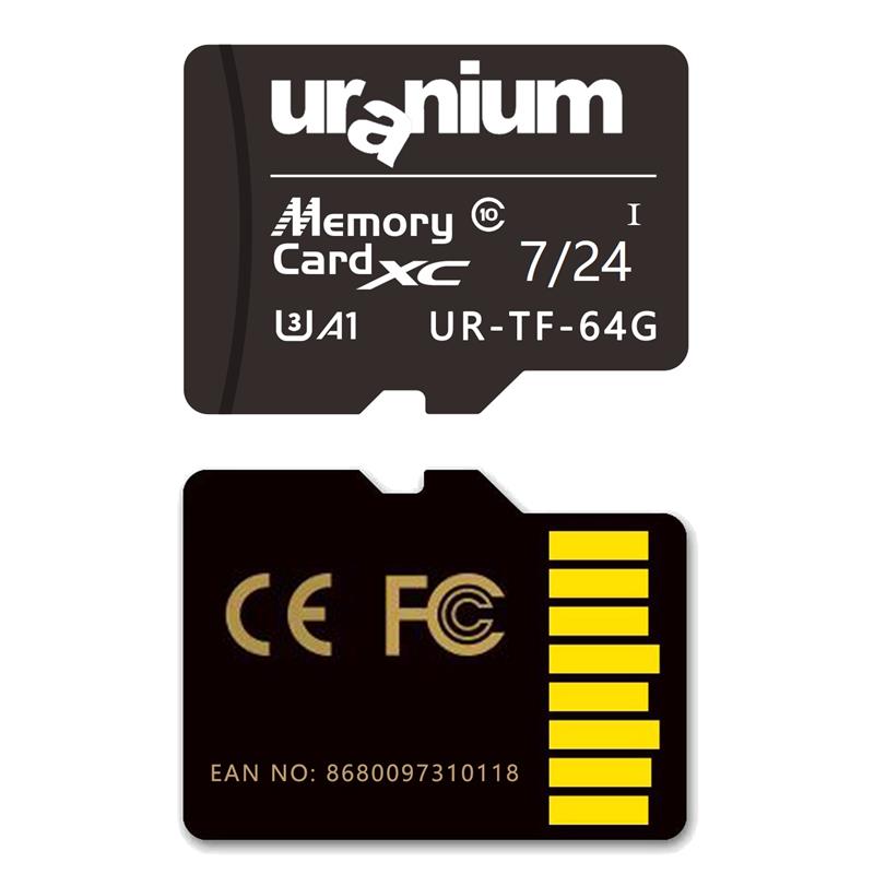 AB310URN0003_57880 64GB URANIUM UR-TF-64G MICRO SD CARD U3 7/24 SURVEILLANCE 100/40MBS INDUSTRIAL HAFIZA KARTI (3 YIL GARANTİ) - Görsel 1