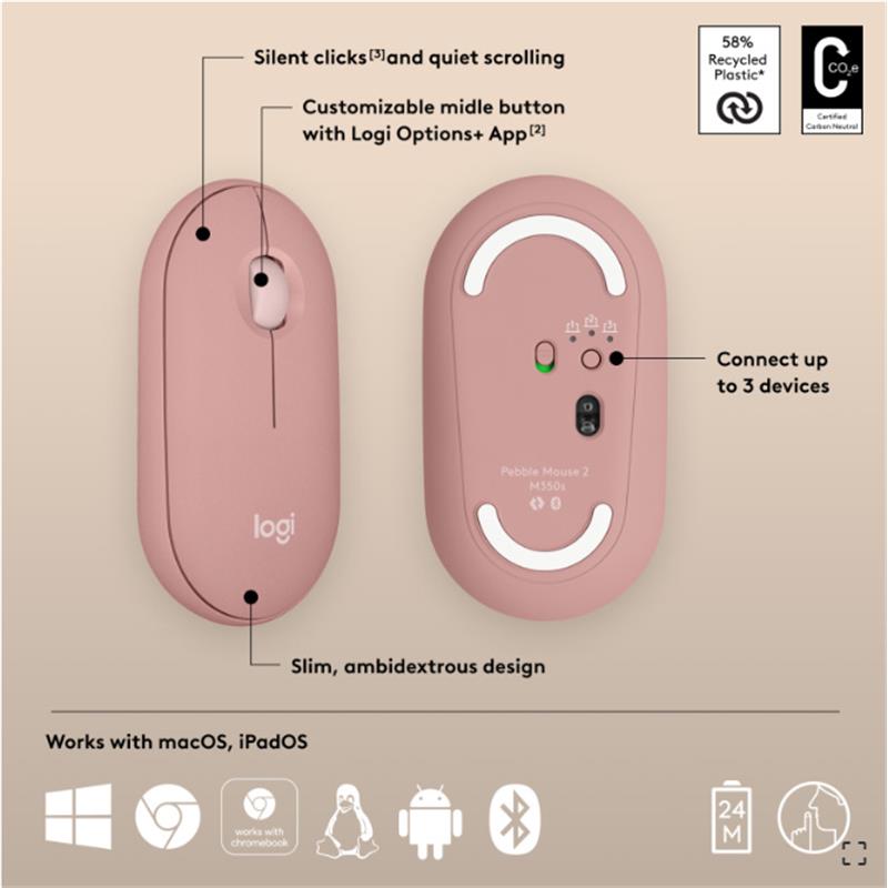 CM130LGT0134_61445 LOGITECH PEBBLE 2 M350S KABLOSUZ BLUETOOTH SESSİZ OPTİK MOUSE PEMBE 910-007014 - Görsel 1