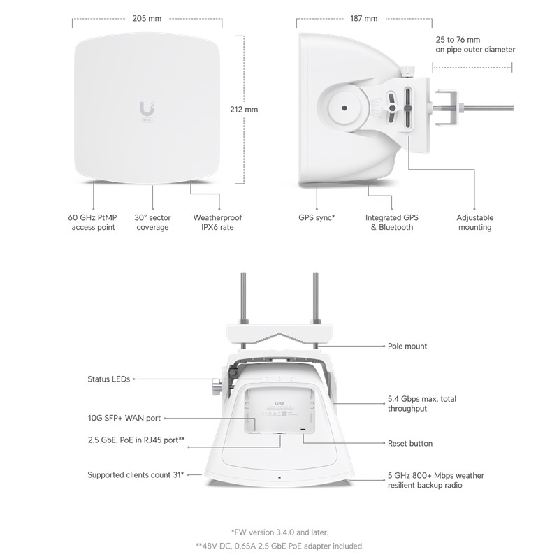 NP120UBN0052_77735 UBIQUITI WAVE-AP 1 PORT 2.5GB POE / 1 PORT 10G SFP+ 60GHZ 30 DERECE 5.4GBPS PTMP DIŞ ORTAM ACCESS POINT - Görsel 1