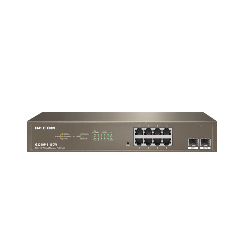 NS106IPC0010_63081 IP-COM G3310P-8-150W 8 PORT GIGABIT + 2X1GB SFP UPLINK L2/CLOUD YÖNETİLEBİLİR RACK 130W POE SWITCH - Görsel 1