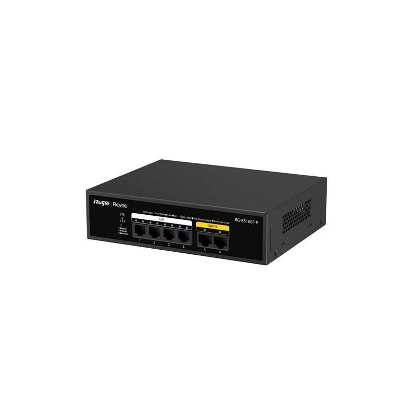 NS106RUJ0041_74196 RUIJIE REYEE RG-ES106F-P 4 PORT 10/100 + 2 PORT 10/100 UPLINK 54W 250 METRE POE METAL KASA SWITCH - Görsel 1