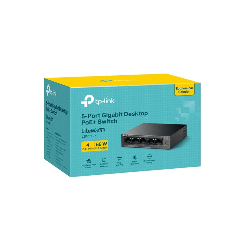 NS106TPL0043_61185 TP-LINK LS105GP 4 PORT GIGABIT + 1 PORT RJ45 UPLINK POE 65W 250 METRE POE MESAFE METAL KASA SWITCH - Görsel 1
