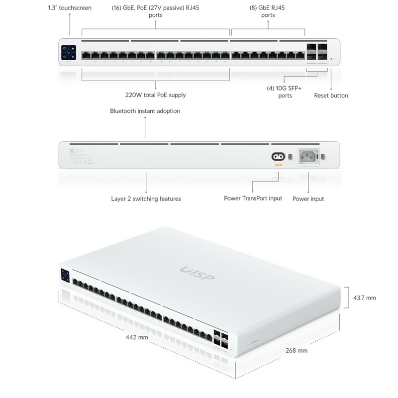 NS106UBN0014_77648 UBIQUITI UISP-S-PRO 16 PORT 27V PASİF POE+8 PORT GB RJ45+4X10GB SFP+ UPLINK 220W POE L2 YÖNETİLEBİLİR SWITCH - Görsel 1