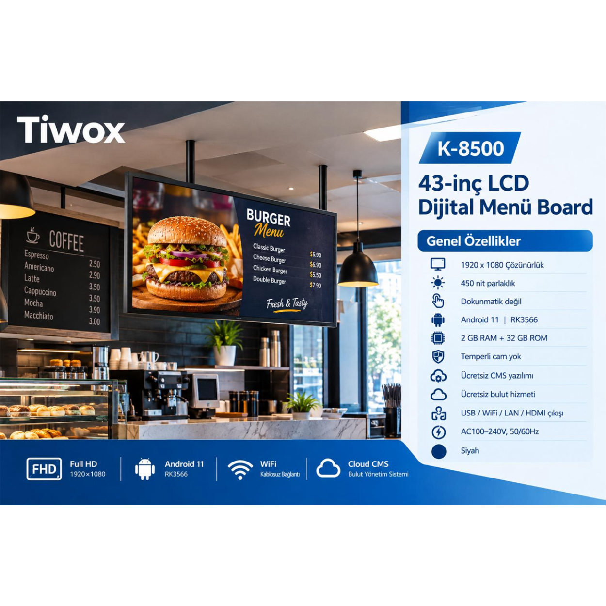 RY7hH2mEWQxaqLdCMLQXuGk5k2anY7F4fxi1H8No Tiwox K-8500 43" FHD 2GB 32GB USB/Wi-Fi/HDMI Dijital Menü Board Android 11 - Görsel 1