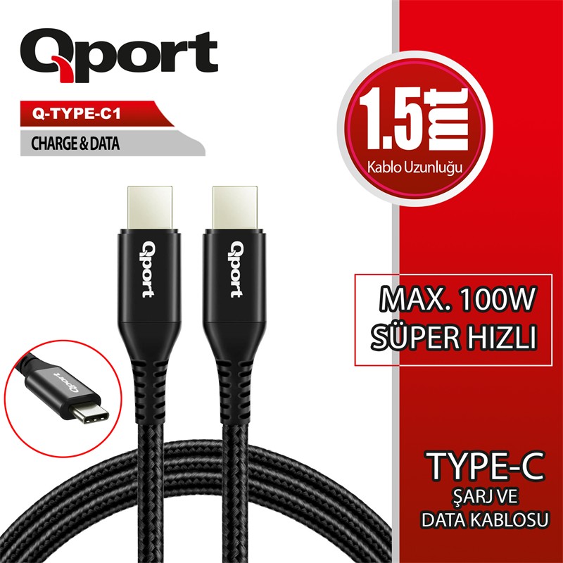 TK150QPT0006_78813 QPORT Q-TYPE-C1 1.5 METRE TYPE-C 100W PD ŞARJ VE DATA KABLOSU - Görsel 1