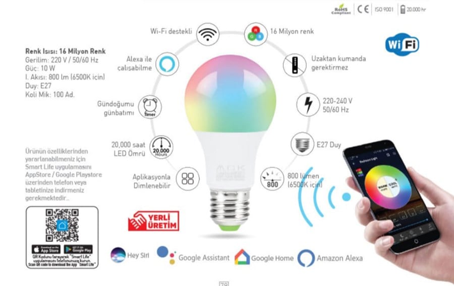 org_637522021775478983 Ack Akıllı Led Ampul 10W (6500 İçin 800Lm) (Wi-Fi) - Görsel 1